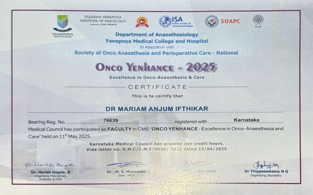 Dr. Mariam Anjum — Onco Yenhance 2025 — Faculty Certificate